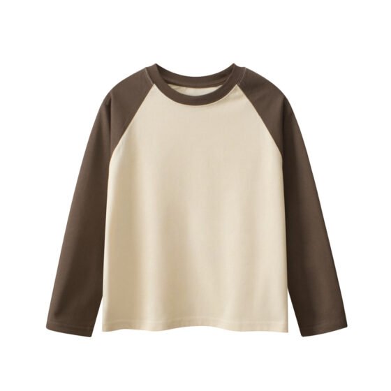 Kids wholesale blank cotton long sleeve raglan tee in brown and cream