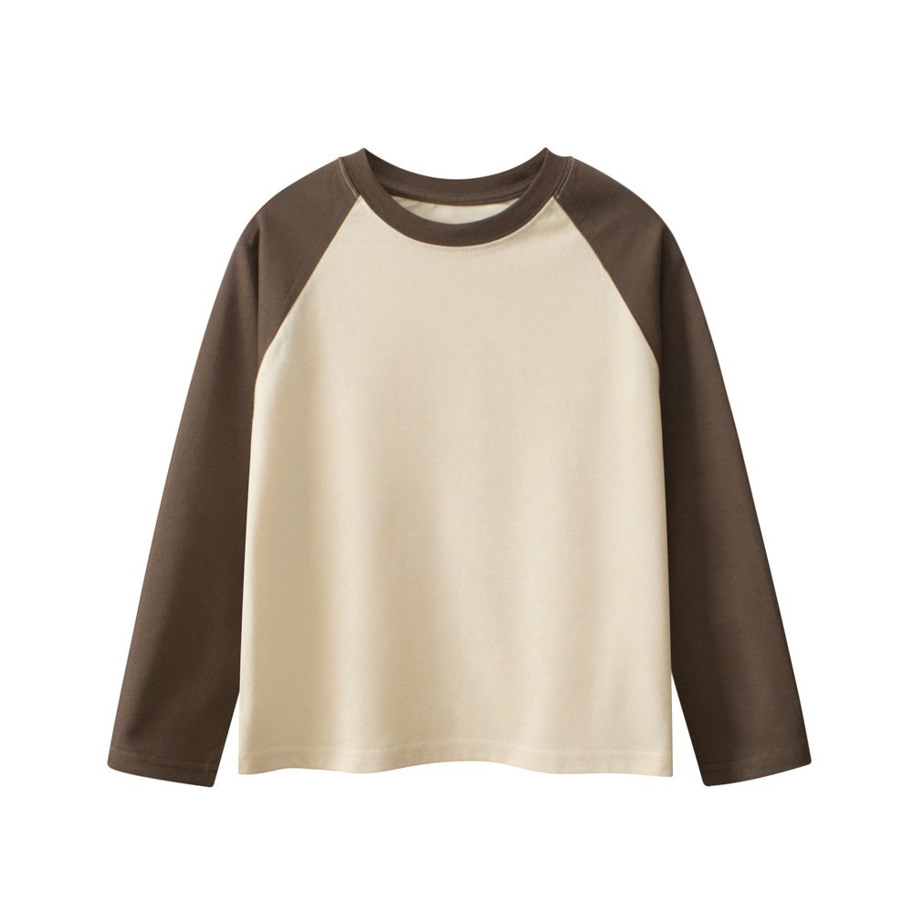 Kids wholesale blank cotton long sleeve raglan tee in brown and cream