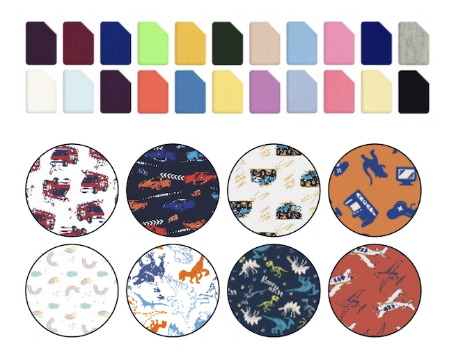 Kidswear print library showing 3000+ seasonal patterns, novelty prints and solid colour chips available for OEM customization