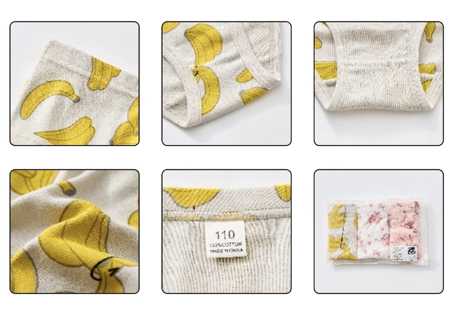 Close-up construction details on kidswear including cuff, waistband, printed fabric and care label at Nuohua Garment