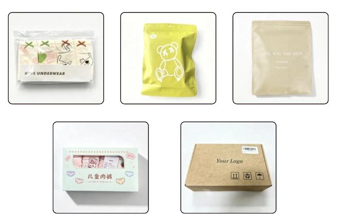Custom kidswear packaging options including printed polybags, paper bags, branded boxes, kraft cartons and retail packaging