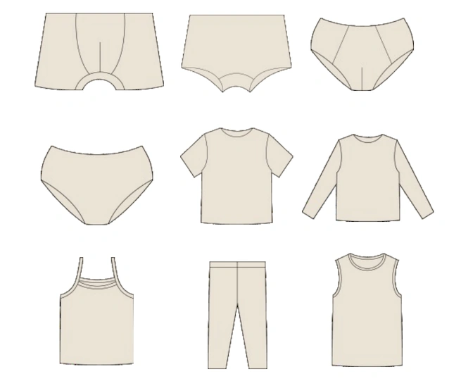 Kidswear product range line drawings including briefs, boxer briefs, t-shirts, long sleeve tops, tank tops and loungewear pants