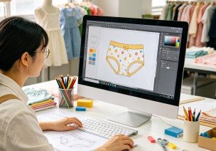Kidswear design stage with sketches and artwork prepared on screen