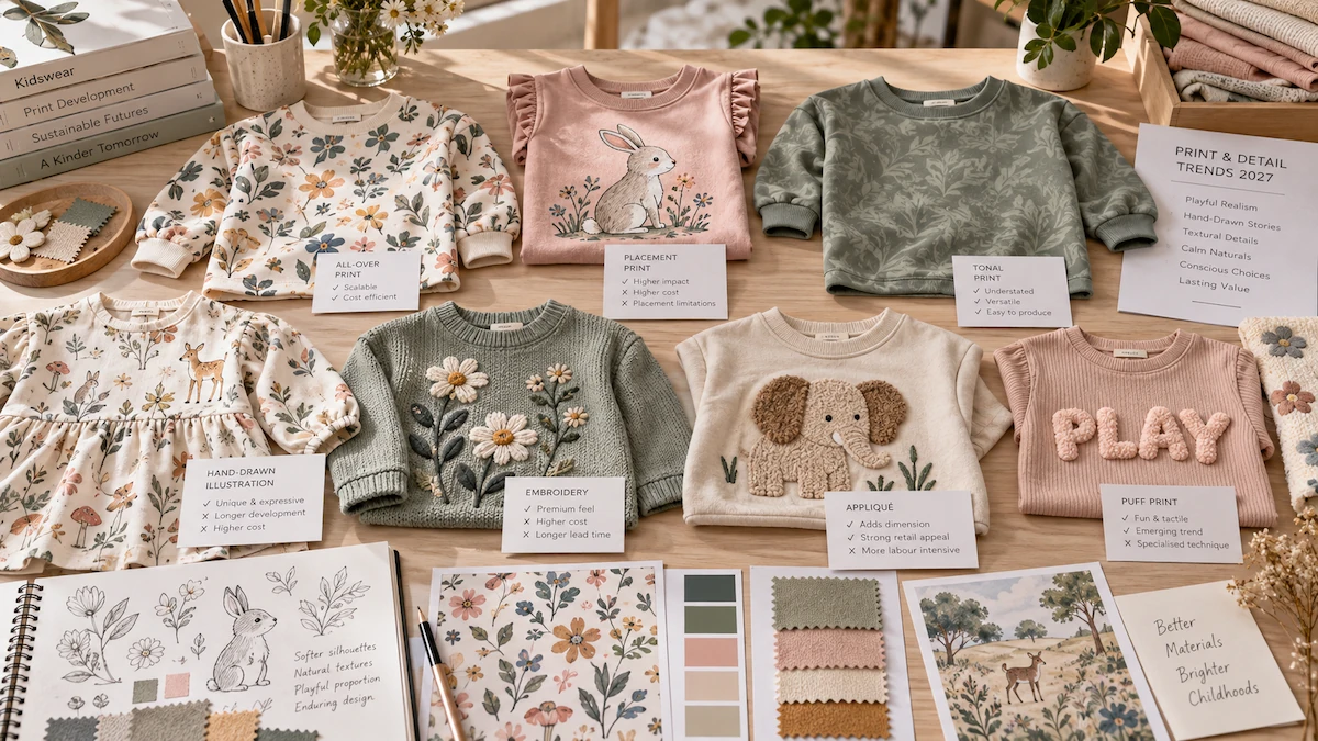 Kidswear print methods showing all-over print placement graphics embroidery applique and raised surface details for 2027 collections