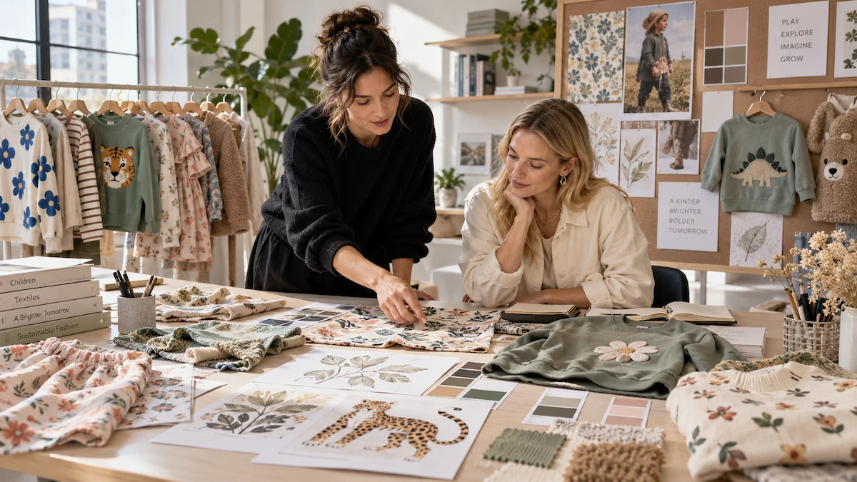 Kidswear print trends 2027 development with floral animal prints fabric swatches and garment samples in a design studio