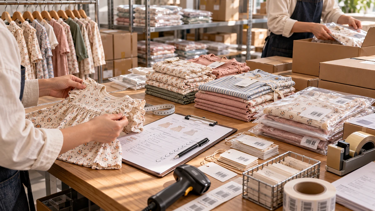 Kidswear QC Traceability and Packing Workstation Kidswear QC traceability and packing workstation with inspection checklist barcode labels and packed garments