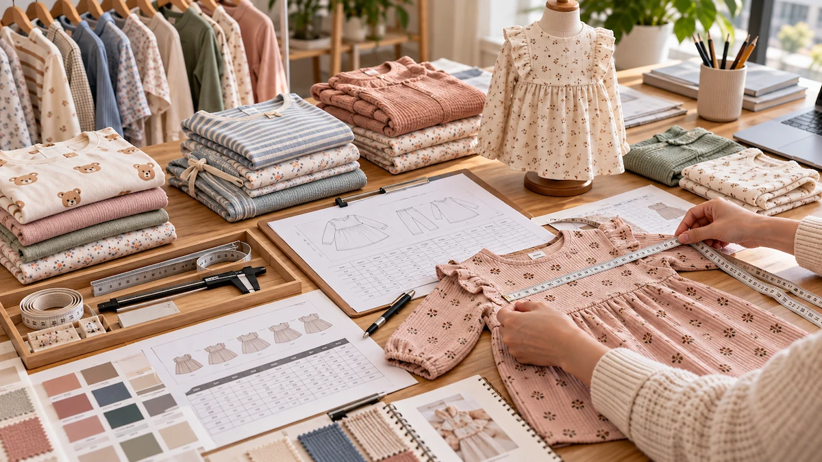 Kidswear Sizing and Grading Inspection Workstation Kidswear sizing and grading inspection with measuring tape graded spec sheet and sample dress