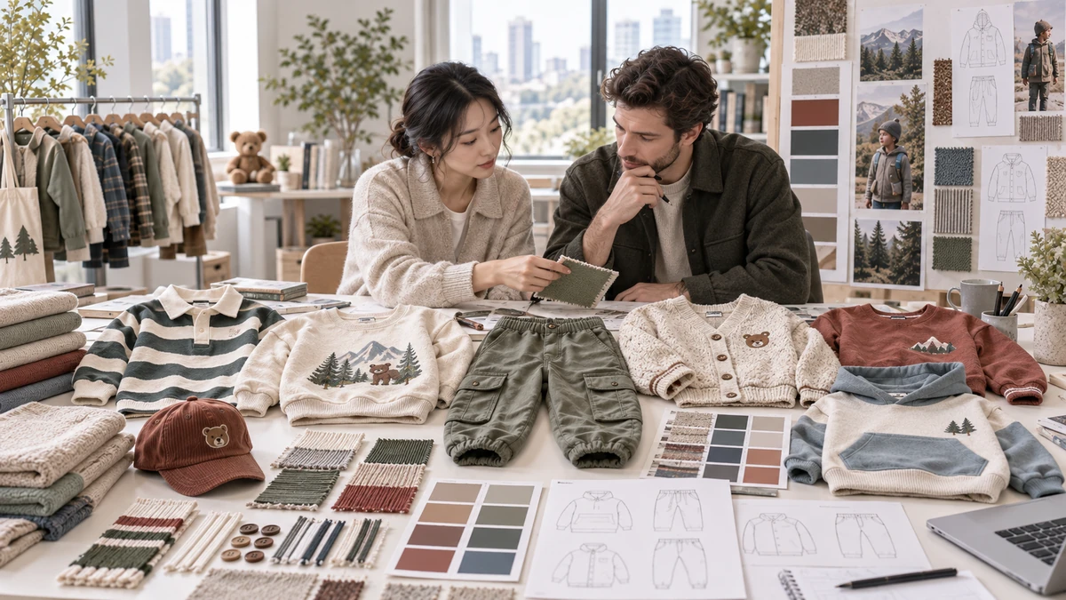 Buyer and designer reviewing the 2027 outdoor kidswear range