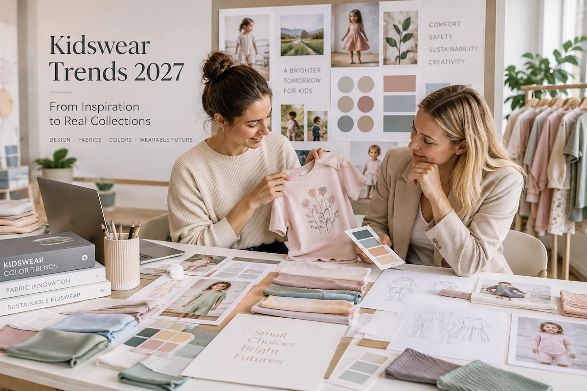 Nuohua design team reviewing the 2027 kidswear collection