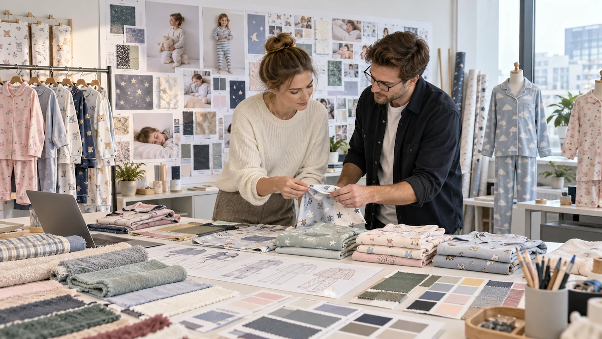Design team reviewing fabric swatches for 2027 kidswear