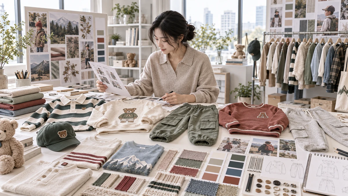 Designers reviewing the 2027 kidswear outdoor range sketches