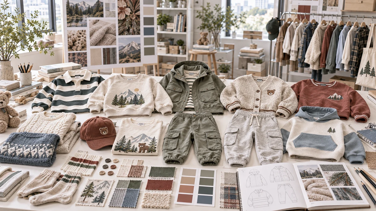 Kidswear 2027 outdoor range flat lay with knits and fleece