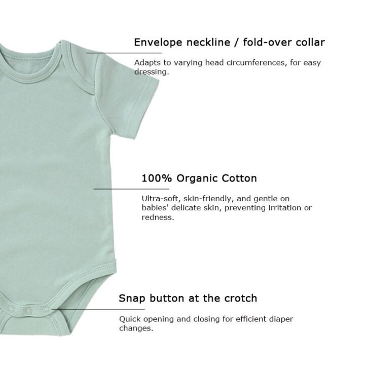 Lap shoulder baby romper features envelope neck and crotch snaps