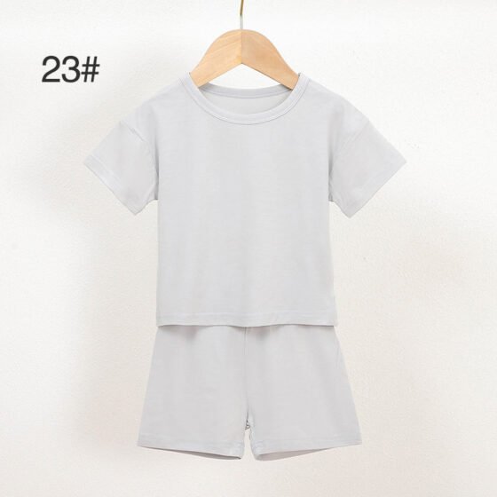Light gray bamboo baby pajama set 23 with crew neck shirt and matching shorts
