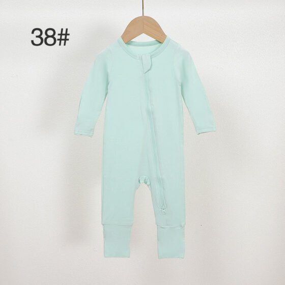 Mint green bamboo baby romper color 38 with front zipper and stretch cuffs