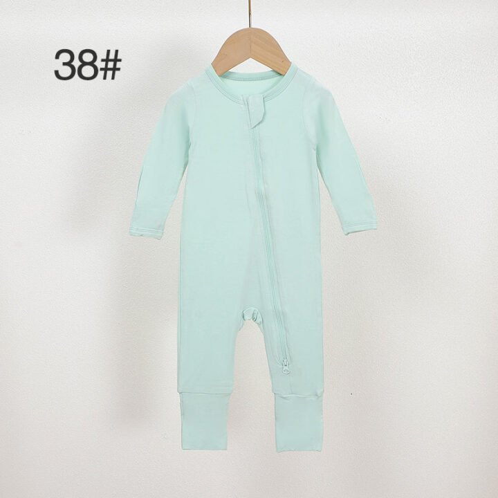 Mint green bamboo baby romper color 38 with front zipper and stretch cuffs