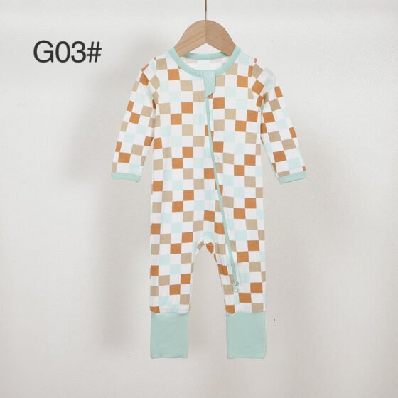 Mint multicolor bamboo checkered baby romper G03 with long sleeves and zipper front