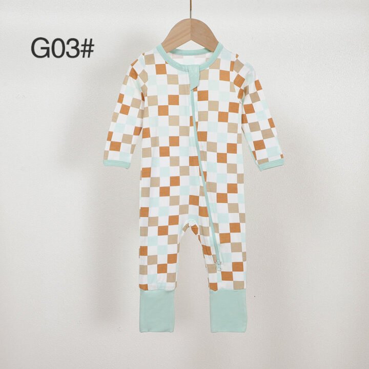Mint multicolor bamboo checkered baby romper G03 with long sleeves and zipper front