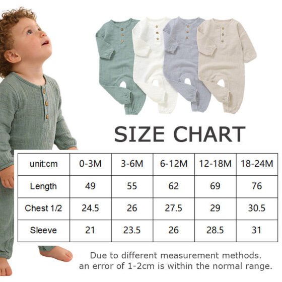 Wholesale measurement size chart for baby rompers covering 0 to 24 months