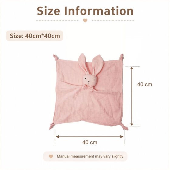 Measurement size guide showing 40x40cm dimensions for muslin bunny lovey blankets