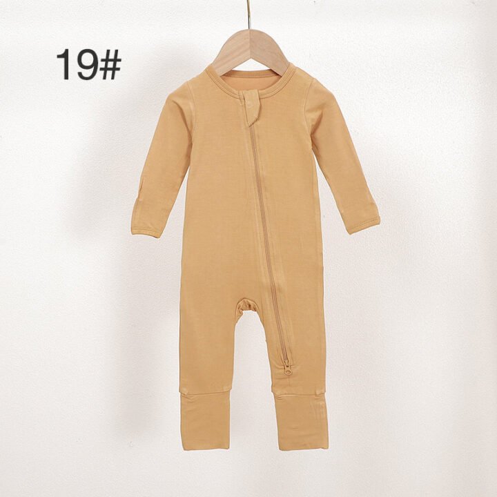 Mustard bamboo baby romper color 19 with long sleeves two-way zipper and ankle cuffs