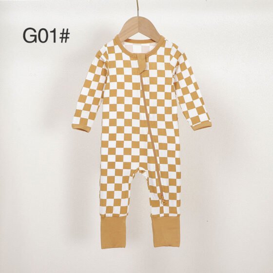 Mustard and white bamboo checkered baby romper G01 with long sleeves and zipper front