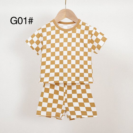 Mustard and white checkered bamboo baby pajama set G01 with short sleeve top and matching shorts