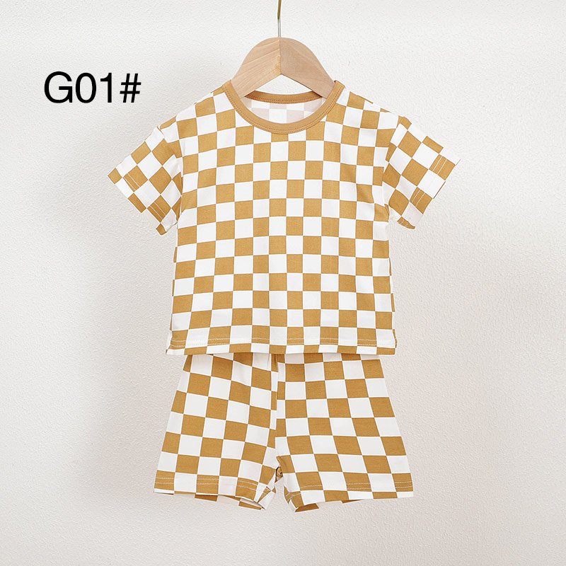 Mustard and white checkered bamboo baby pajama set G01 with short sleeve top and matching shorts