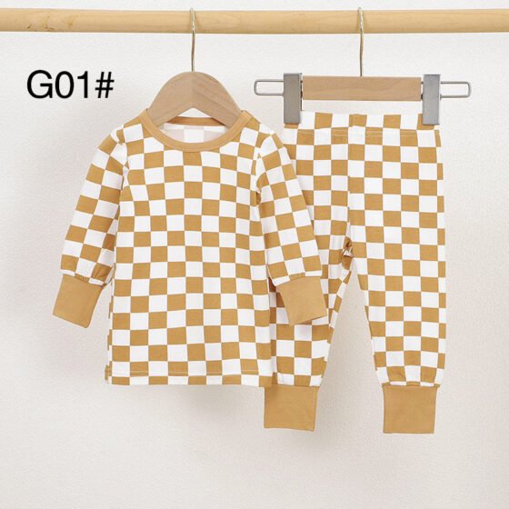 Mustard and white checkered bamboo baby pajamas set with long sleeves and matching pants