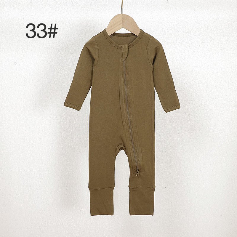 Olive green long sleeve bamboo baby romper color 33 with front zipper and soft cuffs