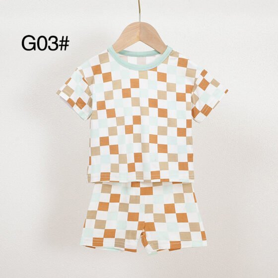 Orange and cream checkered bamboo baby pajama set G03 with short sleeve top and matching shorts