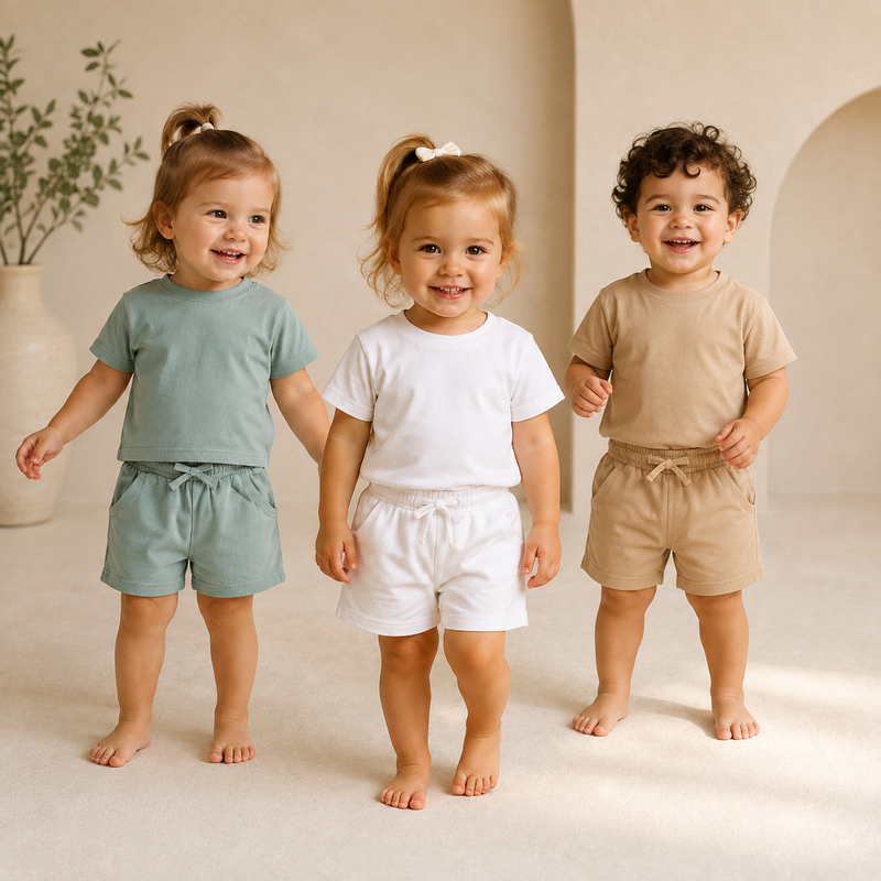 Baby T-shirts in sage, white and tan styled with matching cotton shorts