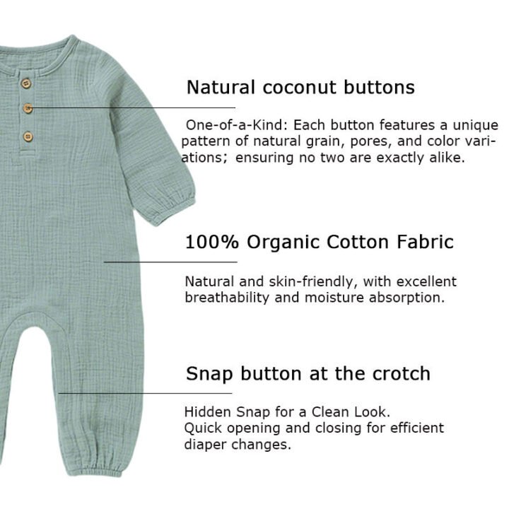 Features of the organic muslin baby romper including natural coconut buttons