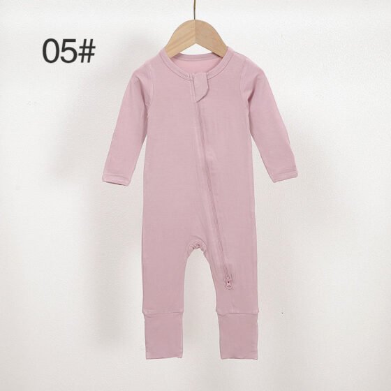 Soft pink bamboo baby romper color 05 with long sleeves and two-way front zipper