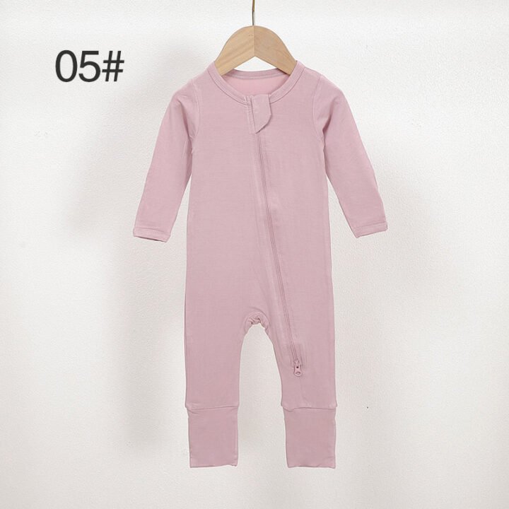 Soft pink bamboo baby romper color 05 with long sleeves and two-way front zipper