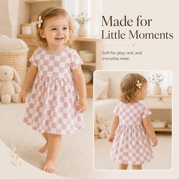 Toddler wearing a pink checkered bamboo viscose girls dress shown in front and back views