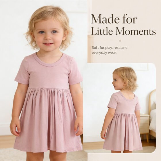 Pink bamboo viscose girls dress shown in front and back views on a toddler model
