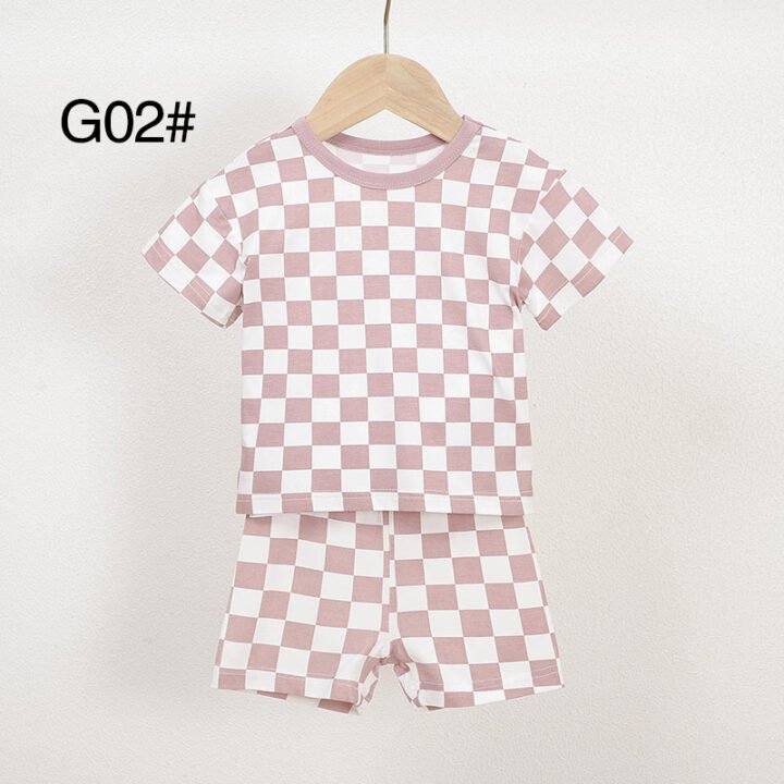 Pink and cream checkered bamboo baby pajama set G02 with short sleeve top and matching shorts