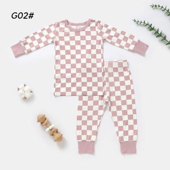 Pink checkered bamboo baby pajamas set with long-sleeve top and matching pants