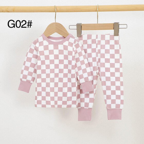 Pink and white checkered bamboo baby pajamas set with long sleeves and matching pants