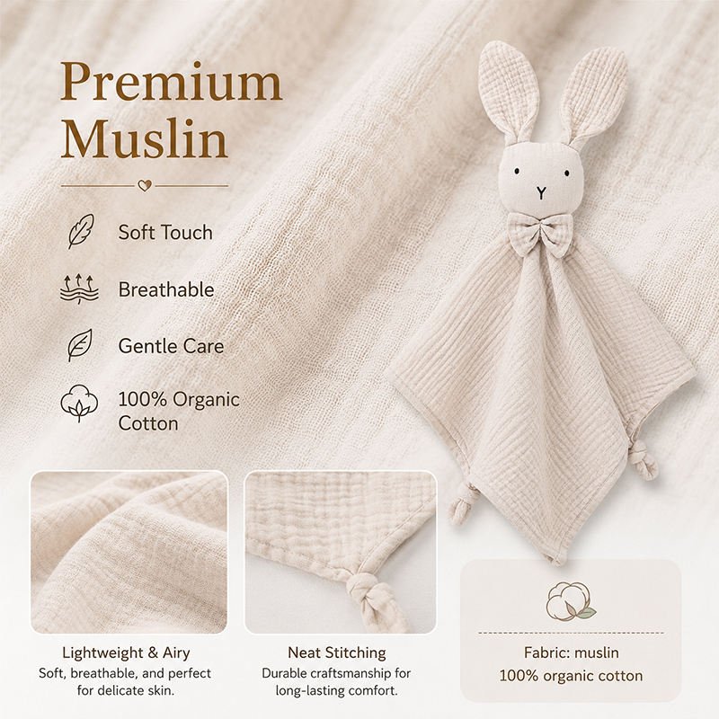Close-up details of premium muslin baby security blanket fabric and stitching