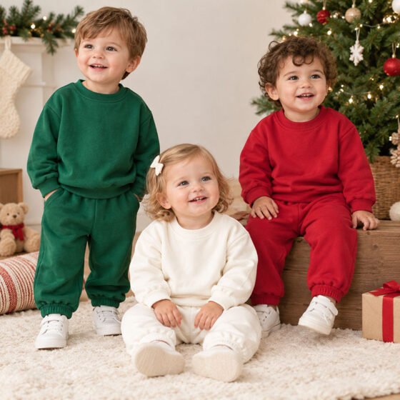 Wholesale organic cotton french terry kids jogger pants toddler christmas sweatpants sweatshirt set lifestyle