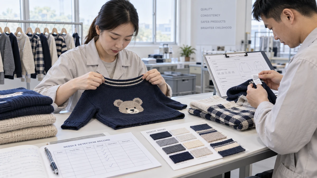 UK kidswear production team reviewing knitwear construction and care labelling for 2027 bulk development