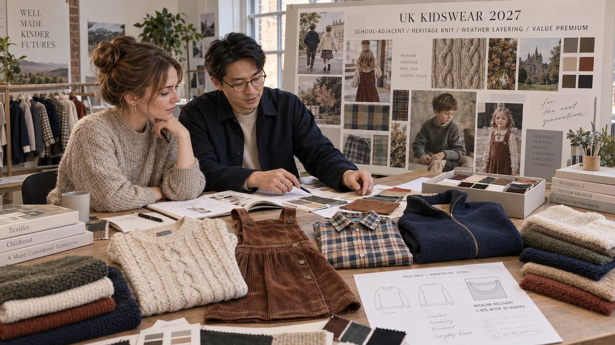 UK kidswear trends 2027 design planning with heritage knitwear tartan and school-adjacent everyday styles