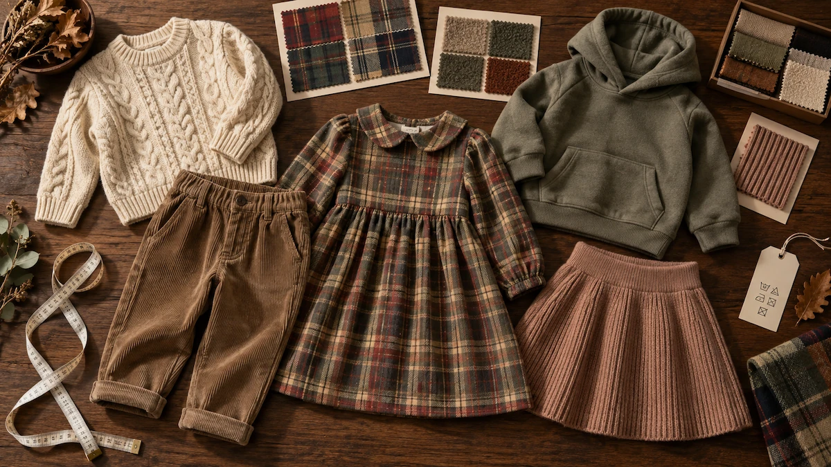 2027 UK kidswear range flat lay with knitwear corduroy tartan and wool-blend fabric swatches