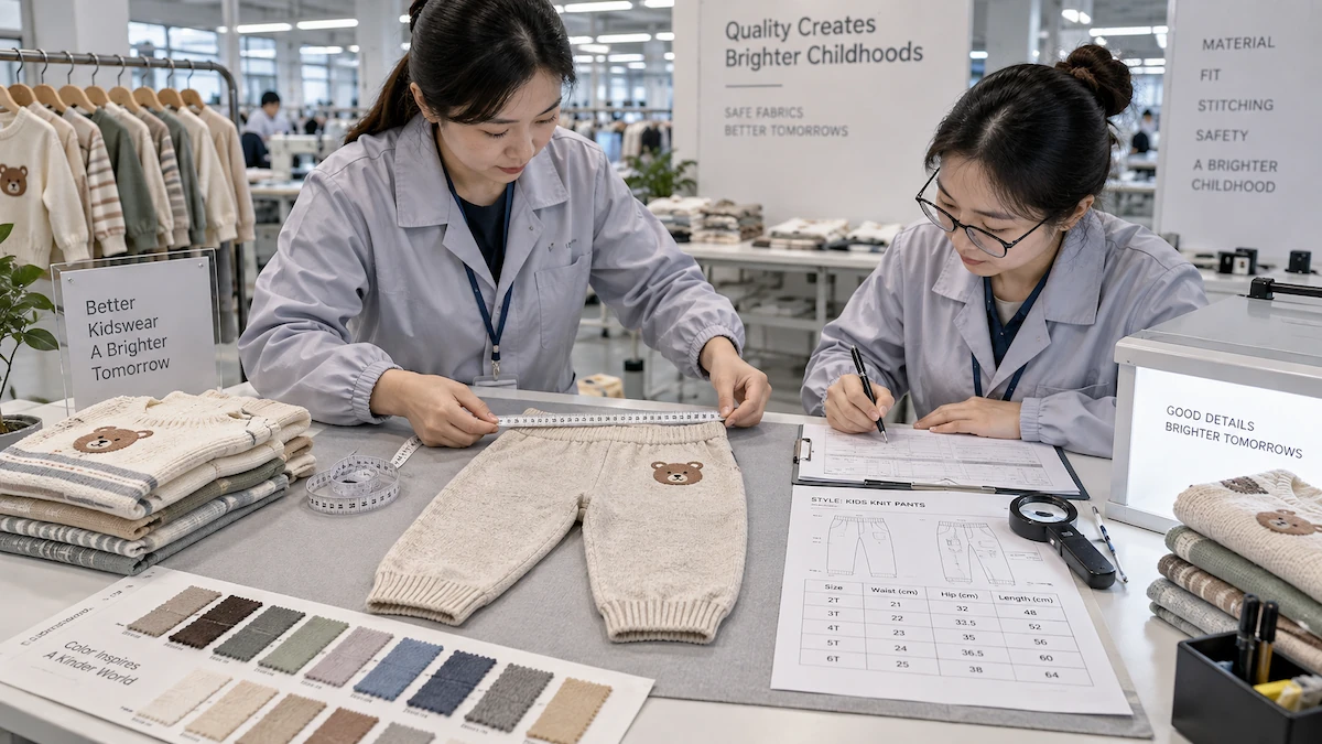 Kidswear production team reviewing garment measurements and construction for 2027 US bulk orders