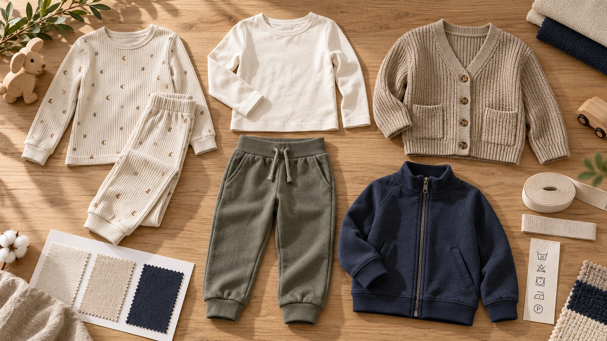 2027 US kidswear range flat lay with ribbed sleepwear jogger sets layering pieces and fabric swatches