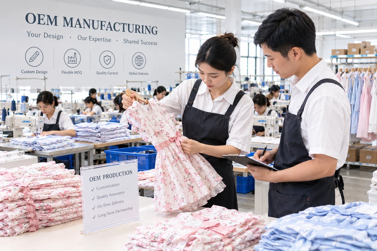 Two garment specialists reviewing finished kids underwear against an OEM production board in a childrenswear factory