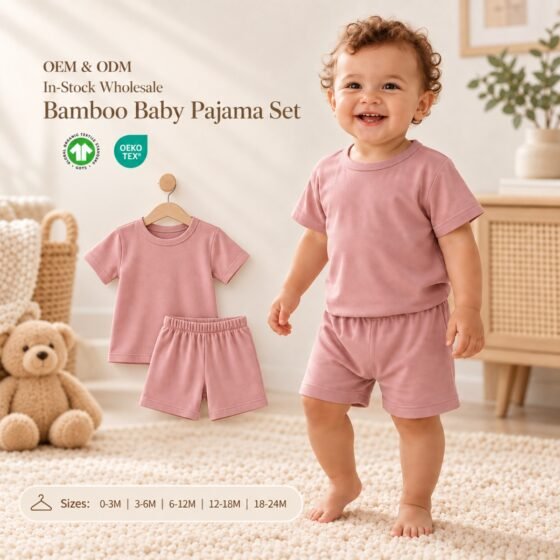 Wholesale bamboo baby pajama set with short sleeve T shirt and shorts for OEM ODM and in-stock sourcing