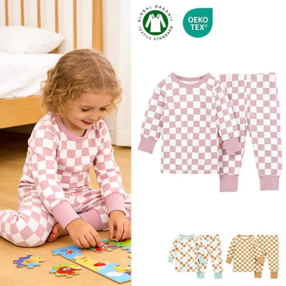 Wholesale bamboo baby pajamas set in pink checkered design with additional color options